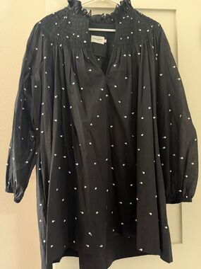 Three Graces London Black Mini Dress with White Dot Embroidery